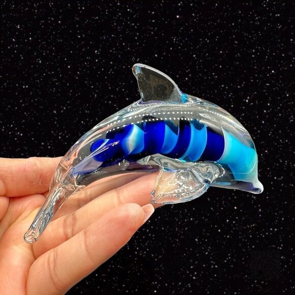 Art Glass Dolphin Blue Swirls Multicolor Paperweight Figurine 2.5”T 4.5”W - Picture 1 of 13